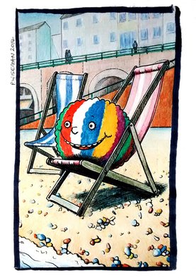 Pete Wiseman; The Chuckling Wig, 2014, Original Drawing Other, 13 x 20 inches. Artwork description: 241  A multi- coloured wig enjoying the beach ( commission) . Ink and coloured pencil on paper.  ...