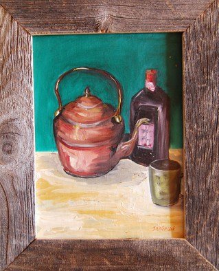 James Emerson; Copper Tea Pot, 2010, Original Painting Oil, 9 x 12 inches. Artwork description: 241  still life teapot of copper, liquor and cup on country table              Fisher folk facing the weather off the Grand Banks fishing ground off the Canadian and Maine coast.   ...
