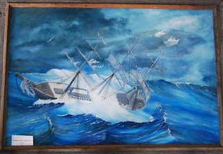 James Emerson; Trouble On The Grand Banks, 2011, Original Painting Oil, 18 x 24 inches. Artwork description: 241   The surfers wagon, the woody              Fisher folk facing the weather off the Grand Banks fishing ground off the Canadian and Maine coast. ...