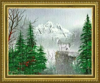 Michael Pickett; Mountain And Wolf, 2022, Original Painting Acrylic, 8 x 10 inches. Artwork description: 241 Steak knife used as a pallet knife, Brush and spray paint...