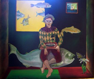 Jorge De La Fuente; FANTASY, 1994, Original Painting Oil, 33 x 29 inches. Artwork description: 241  A Circle: Fish ready to eat butterfly. She is eating from a flower and the arlequin eats the fish. And the only water is on a little painting. Fishes swiming in the air. ...