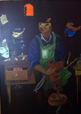 Jorge De La Fuente; The Mask Maker, 1990, Original Painting Acrylic, 36 x 48 inches. Artwork description: 241  A mask man, making masks. All suspended in the air. The Critic, observing from inside a cabinet.  December 28, the day of the inocents in Mexico.     ...