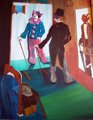 Jorge De La Fuente; WHICH COSTUME TODAY, 1992, Original Painting Acrylic, 36 x 48 inches. Artwork description: 241   Neo surrealism painting of the theather of life, where we are all actors. A gent, reflects a clown on the mirror and a sales man on his rigth, with a theather inside his case. The critic as a little clown on the upper left in a surreal ...