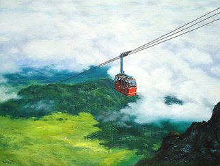 Priyadarshi Gautam; THE CABLE CAR 2, 2013, Original Painting Oil, 48 x 36 inches. Artwork description: 241      nature, mountains, trees , para- glider, clouds , landscapes     ...