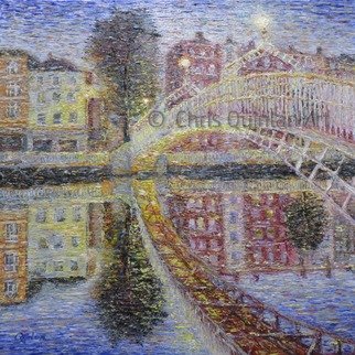Chris Quinlan; Ha Penny Bridge Dublin, 2017, Original Painting Oil, 24 x 24 inches. Artwork description: 241 A painting of the bridge over the River Liffey in the heart of Dublin City.  This very characteristic two hundred year old bridge was a a toll bridge for 100 of those years and the fee was a halfpenny.  The bridge was closed for repair and renovations ...