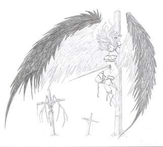 Samuel Grounds; Degeneration Of An Angel, 2007, Original Drawing Pencil, 11 x 8 inches. Artwork description: 241  The image is of an Angel who hasn't been particularly fortunate and has been taken and placed upon a cross. Other crosses and the remains of another angel can be seen in the background. ...