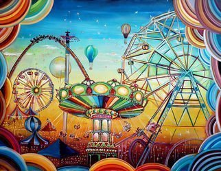 Radosveta Zhelyazkova; Fairground, 2019, Original Painting Oil, 130 x 100 cm. Artwork description: 241   Medium: Professional oil paint, UV protected varnish on canvas  Size: 100 x 130 x 3 cm  Style: Radism, Naive Art, Surrealism  100   handmade artwork  Date of creation: January 2019  Comes with a certificate of authenticity and an official stamp by the National Art Gallery - FREE  Comes with ...
