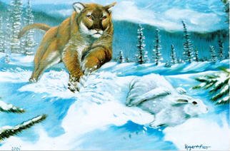Roger Farr; Mountain Pursuit, 2001, Original Painting Oil, 20 x 16 inches. Artwork description: 241 Mountain Lion and Snowshoe Hare, Produced while my sister visited me from Canada. My knowledge of North American species developed from my family who live there. Prints available at $80. 00 each 12x16. ...