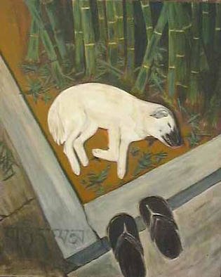 Randy Cousins; Dream, 2002, Original Painting Acrylic, 30 x 36 inches. Artwork description: 241 A stray dog sleeps outside a temple in Thailand.  Dreaming is to wakefulness as living is to death....