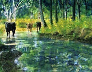 Randy Sprout; Streaming Cows, 2018, Original Painting Oil, 9 x 11 inches. Artwork description: 241 Cows crossing the creek...