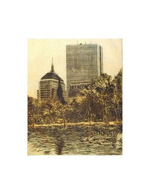 Robin Richard Emrich; Hancock Towers, 1999, Original Printmaking Etching, 18 x 22 inches. Artwork description: 241 Boston' s John Hancock Towers.  This is the ghost of a three color print.  The original colors are subtly suggested and much less intense then the original proof.  The Boston Public Gardens and a Swan Boat is in the foreground. This is a unique example from a ...