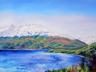 Richard Freer; New Zealand Mountains, 2020, Original Painting Oil, 102 x 76.5 cm. Artwork description: 241 A large lake with mountains in the distance ...