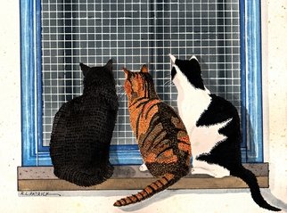 Ralph Patrick; Three Cats Looking In The..., 2014, Original Watercolor, 14 x 10.5 inches. Artwork description: 241  Watercolor, Cats, Animals , Original...