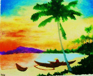 Roberto Prusso; Mindanao Sunset, 2010, Original Painting Ink, 9 x 12 inches. Artwork description: 241  Original on 140 lb Strathmore paper: brush/ ink/ lacquer. Realistic view of Mindanao sunset with lone fisherman.   ...