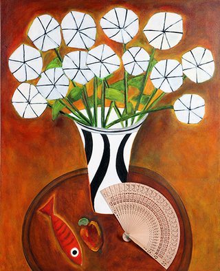 Roberto Rossi; Vase Of Flowers And Fan, 2010, Original Mixed Media, 61 x 76 cm. Artwork description: 241 Vase of flowers and fan is a work with the lightness of the artist s works, with its unique vision and composition of scene of strong colors and harmonics. ...