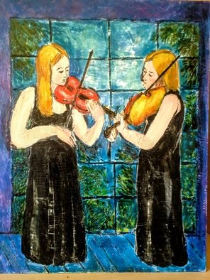 Roberto Trigas; Nocturnal Duet, 2016, Original Painting Encaustic, 55 x 70 cm. Artwork description: 241 Two violinists playing in fron of a window on a starry night...