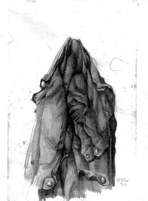 Ron Wilkinson; Waxed Cotton Jacket, 1984, Original Drawing Pencil, 5 x 7 inches. Artwork description: 241 Waxed cotton Jacket was drawn as one of a series concerned with hanging clothes. All the drawings from this period were drawn on cartridge paper that had been distressed or sun- browned; this was to age the work and to emphasise a timeless feel, as clothes had ...