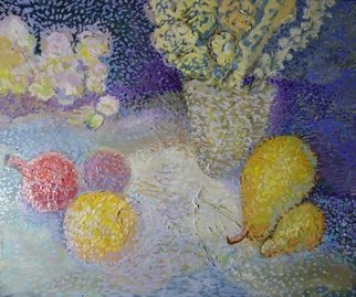 Reiner Poser; Pomegranats And Pears, 2020, Original Painting Oil, 60 x 50 cm. Artwork description: 241 Fruits and flowers in oil painting,Pointillism- painting...