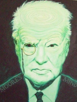 Robert Jessamine; Moores Mind, 2019, Original Painting Oil, 16 x 20 inches. Artwork description: 241 A portrait of Sir Patrick Moore the famous astronomer who presented The Sky at NightT.  V.  programme for many years.  Painted in alien greens with an image of the solar system embossed on his domed head. ...