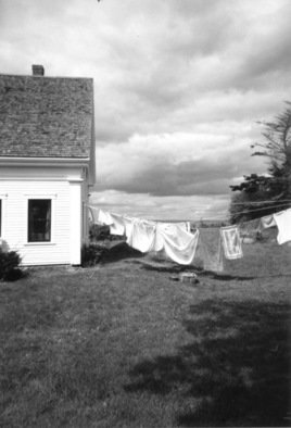 Ruth Zachary; Laundry Day Rain Coming, 2012, Original Photography Black and White, 8 x 10 inches. Artwork description: 241 Laundry on the line, traditional New England cottage looking out to sea, billowy cloud bank threatening rain.  ...