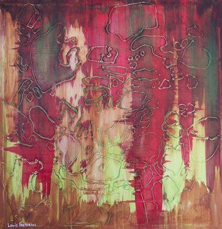 Louis Pretorius; Organic Series 2, 2015, Original Painting Acrylic, 60 x 60 cm. Artwork description: 241               sand, red, stone, brown, images, organic, yellow        cottage, moon, clouds, green table        ...