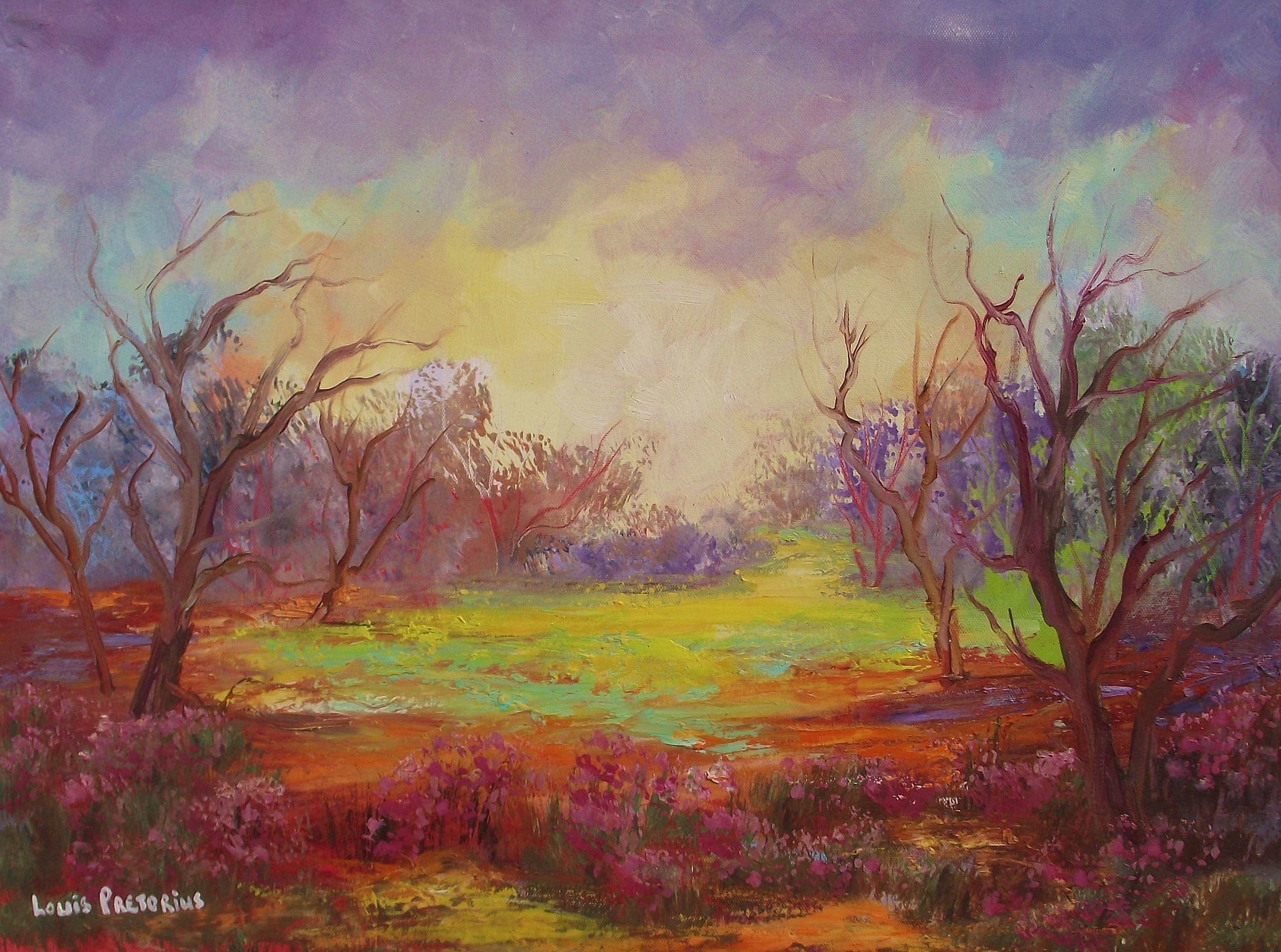 Louis Pretorius; Sunny Spot Amonst Trees, 2017, Original Painting Oil, 55 x 40 cm. Artwork description: 241  nature, trees, clouds, green, yellow, blue, violet...