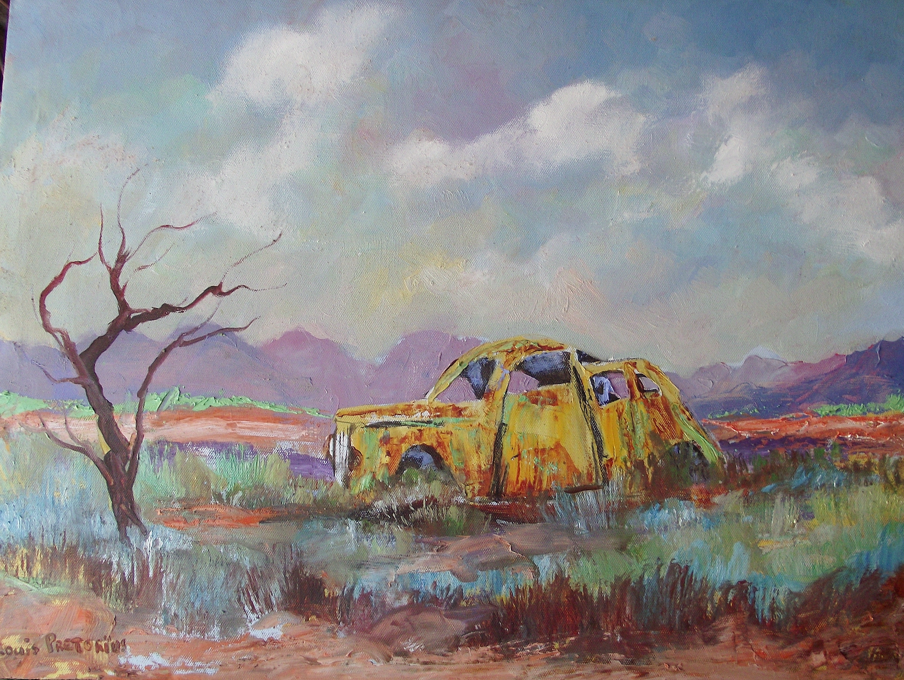 Louis Pretorius; This Is No Yellow Submarine, 2017, Original Painting Oil, 55 x 40 cm. Artwork description: 241  landscape, old car, tree, clouds, yellow, flowers, mountain...