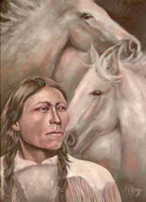 Sally Arroyo; 1910 Native American Indi..., 2015, Original Painting Oil, 24 x 18 inches. Artwork description: 241  Unknown Native American Indian in tribal dress and his wild horses, reflecting on past and future of his race. Signed by artist Size 24x18 Oil on canvas Framed ( barnyard gray in color) colors white with pastels  ...