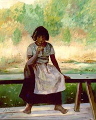 Sally Arroyo; Early American Girl, 2015, Original Painting Oil, 16 x 20 inches. Artwork description: 241  SOLITARY  PEASANT GIRL, SITTING ON A BENCH OUTDOOR MEADOW IN BACKGROUND. THOUGHTFUL , PENSIVE, REMINISCING. Size 16
