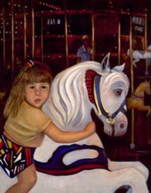 Sally Arroyo; MERRY GO ROUND GIRL , 2015, Original Painting Oil, 28 x 22 inches. Artwork description: 241  FIRST RIDE BY YOUNG GIRL ON THE MERRY GO ROUND, FATHER LOOKING ON IN BACKGROUND. PENETRATING EYES ON BOTH GIRL AND HORSE, ANXIETY SHOWS ON FACE. Size 28