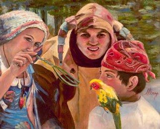 Sally Arroyo; RENAISSANCE TRIO WITH BAB..., 2015, Original Painting Oil, 24 x 20 inches. Artwork description: 241  COLORFUL COSTUMED CHARACTERS  ENGAGED  IN YOUNG BOY WITH PARROT ON SHOULDER, YOUNG WOMAN TEASING PARROT WITH TWIG BASED ON RENAISSANCE FAIR IN LAKE TAHOE FOREST, COURT JESTER ONLOOKING THE ENCOUNTER.  Size 24