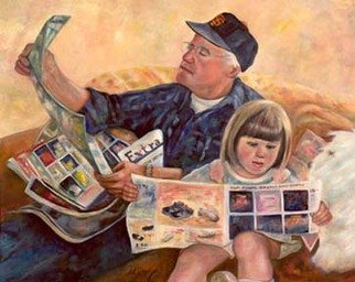 Sally Arroyo; SUNDAY MORNING , 2015, Original Painting Oil, 36 x 24 inches. Artwork description: 241  GRANDPA AND GRANDDAUGHTER READING THE SUNDAY PAPER BONDING TOGETHER- ENGROSSED IN EACH SUBJECT MATTER 'DO NOT DISTURB'Size 36