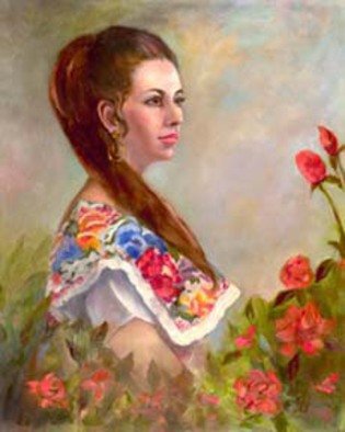 Sally Arroyo; VIRGINIA, 2015, Original Painting Oil, 30 x 24 inches. Artwork description: 241  A FORMAL PORTRAIT OF A BEAUTIFUL WOMAN POSING IN FLORAL DRESS AS BEAUTIFUL AS THE ROSES THAT SURROUND HER. SHE DOES NOT MOVESize 30