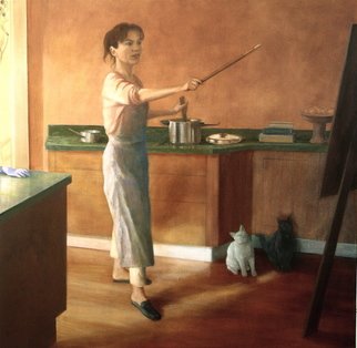 Yoli Salmona, ' All Hands Taken Somethin...', 2004, original Painting Oil, 102 x 102  x 5 cm. Artwork description: 1758  A woman' s task. . . This is a self portrait of my daily life, inspired by a small sketch by an unknown Australian artist.My grey cat wouldn' t stay in place, each time I stepped away to photograph her, she followed me. . . So I painted ...