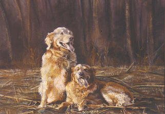 Sallyann Mickel; Best Buddies, 2000, Original Pastel, 28 x 22 inches. Artwork description: 241 Pet Portrait SampleTwo Golden Retrievers sitting in a corn field after a day of hunting....