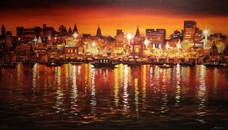 Samiran Sarkar; Beauty Of Evening Varanasi, 2020, Original Painting Acrylic, 45 x 26 inches. Artwork description: 241 Beauty of Night Varanasi Ghats is a colorful bright light   spectacular bright lights, lamps reflection on Holy Ganges. One of the beautiful Night Ghats of the Varanasi is the main composition of this painting. ...