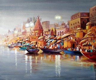 Samiran Sarkar; Evening Varanasi Ghats, 2020, Original Painting Acrylic, 36 x 30 inches. Artwork description: 241 Monsoon Evening Varanasi Ghats is one of the busy Varanasi Ghats with boats , Pilgrims, Temples and Holy Ganges are the main composition of this painting. Acrylic on canvas painting...