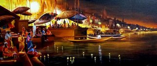 Samiran Sarkar; Festival Night Varanasi Ghat, 2020, Original Painting Acrylic, 36 x 16 inches. Artwork description: 241 Festival Night at Varanasi Ghat is a Acrylic on canvas painting. ...