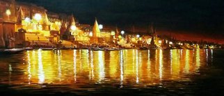 Samiran Sarkar; Night Reflections, 2019, Original Painting Acrylic, 40 x 18 inches. Artwork description: 241 Night Reflections on holy Ganges in Varanasi Ghats. Acrylic on Canvas painting. ...