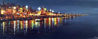 Samiran Sarkar; Night Vranasi, 2021, Original Painting Acrylic, 30 x 12 inches. Artwork description: 241 Night Varanasi City is one of the night city ghats at Varanasi. Acrylic on canvas painting.  ...