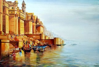 Samiran Sarkar; Varanasi Ghats Early Morning, 2020, Original Painting Acrylic, 43 x 36 inches. Artwork description: 241 Morning Varanasi Ghats at Early Morning, Boats , Water , People   Architecture are main composition of this Painting. Acrylic on canvas painting. ...