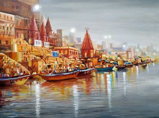 Samiran Sarkar; Varansi Ghats Monsoon Evening, 2020, Original Painting Acrylic, 40 x 29 inches. Artwork description: 241 Varanasi Ghats at Monsoon Evening is one of the landscape of Varanasi Ghats at Monsoon day Evening Time.  Cloudy sky , Colorful busy Ghats and Light Reflections on Holy Ganges water are main composition of this painting.  Acrylic on Canvas painting. ...