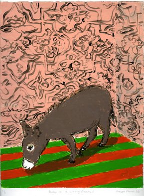 Sarah Hauser; Burro In A Room V, 2006, Original Printmaking Monoprint, 9 x 12 inches. Artwork description: 241  This is a strappo monotype, which is created by painting w/ acrylics on glass, layer by layer and then transferring the entire image to paper. ...