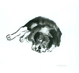 Sarah Hauser; Old Joe, 2002, Original Painting Other, 6 x 6 inches. Artwork description: 241  This sumi painting was inspired by a dog I saw sleeping peacefully in front of an antique store on Bond Street in NYC. ...