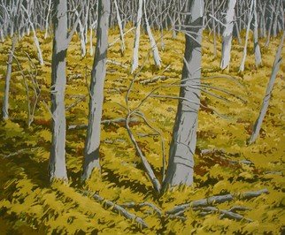 S. Josephine Weaver; The Clearing, 1991, Original Painting Oil, 34 x 29 inches. Artwork description: 241   trees, autumn light, gold  shadows, twigs tree, bark, flower, lily, orange, leaf, sky         ...