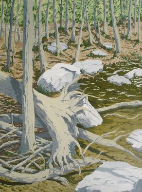 S. Josephine Weaver; Uprooted, 1991, Original Painting Oil, 38 x 48 inches. Artwork description: 241  rocks. muddy, water, tree    ...