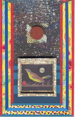 Robert H. Stockton, 'Night Window', 2008, original Mixed Media, 9 x 12  x 1 inches. Artwork description: 1911  This mixed media piece is created from acrylic paint, a variety of different types of paper, and an old transit token.  The bird is enclosed in a small shadow box made from old maps.  The piece is matted in white museum board, and framed in black metal ...