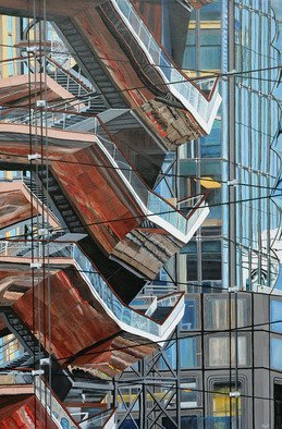 Steven Fleit; Hudson Yards Reflection 4, 2019, Original Painting Acrylic, 24 x 36 inches. Artwork description: 241 A unique walkway located at the Hudson Yards project in New York City, reflected off of adjacent buildings. This walkway is part of or close to, The Shed, a gallery entertainment complex. The varied colors and textures were quite interesting and fun to paint. ...