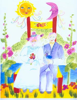 Suzanne Gegna; Wedding Picture In Chair, 2002, Original Painting Acrylic, 15 x 15 inches. Artwork description: 241 A loving wedding portrait, the couple sits in a chair among flowers, signifying growth and cycles. The Moon and Sun also represent natural cycles. ...