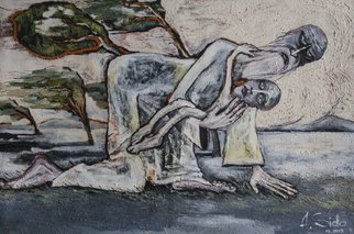 Andrei Sido; Destiny, 2003, Original Painting Oil, 74 x 130 cm. Artwork description: 241  man, old man, boy holds, bears, salvation, hope, wind, storm, war, fight, save, help, hug, look, crawling, based, icon. ...